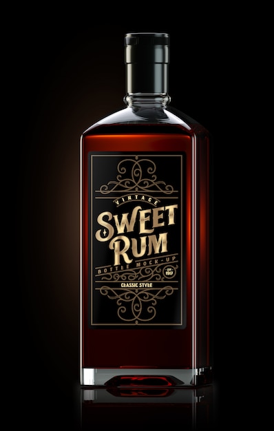 Free PSD square dark rum bottle mockup with label