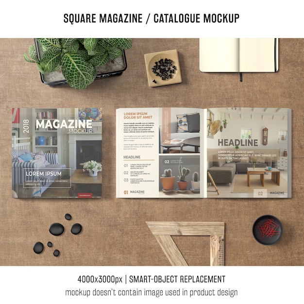 Free PSD square magazine or catalogue mockup in still life situation