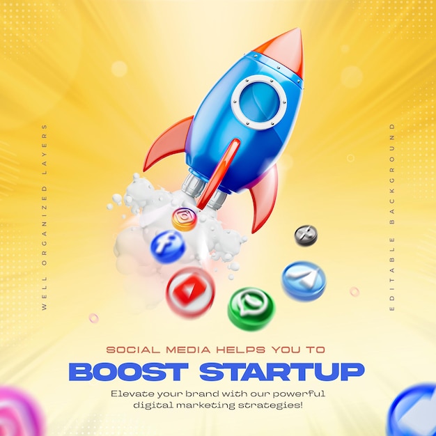 Free PSD startup concept rocket takes off business startup post template with social networking logos