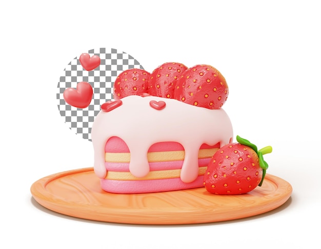 Free PSD strawberry cake on plate cute cartoon sweet food 3d illustration