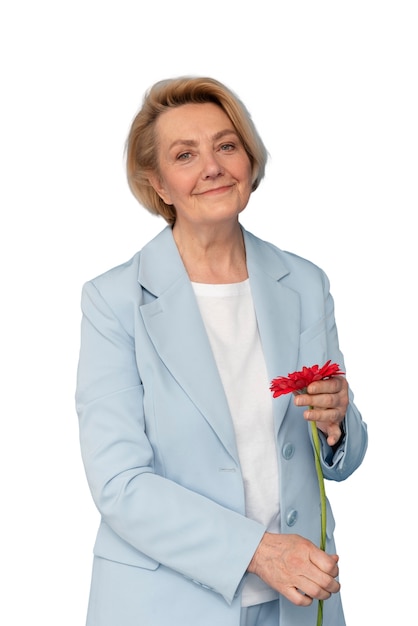 Free PSD studio portrait of elderly woman with daisy flowers