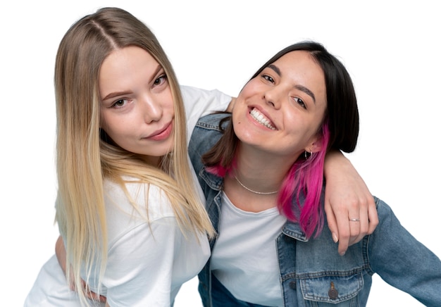 Free PSD studio portrait of two young teenage girl friends