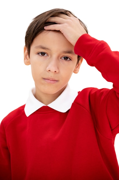 Free PSD studio portrait of young boy with red sweater