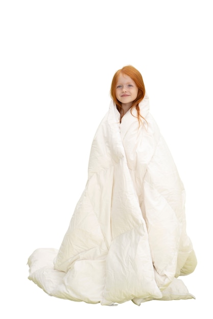 Free PSD studio portrait of young girl with puffy blanket