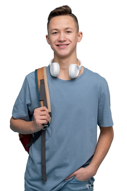 Free PSD studio portrait of young teenage student boy with headphones