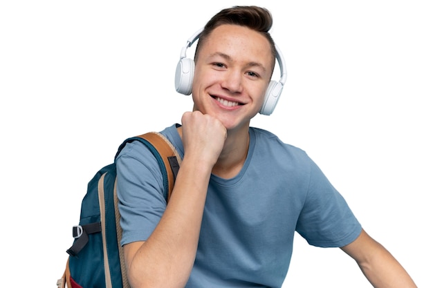 Free PSD studio portrait of young teenage student boy with headphones