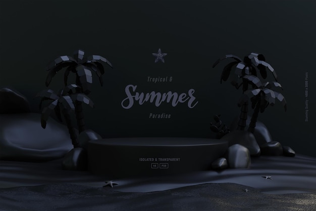 Summer Background Template composition with podium stage Palm trees and beach objects Dark scene