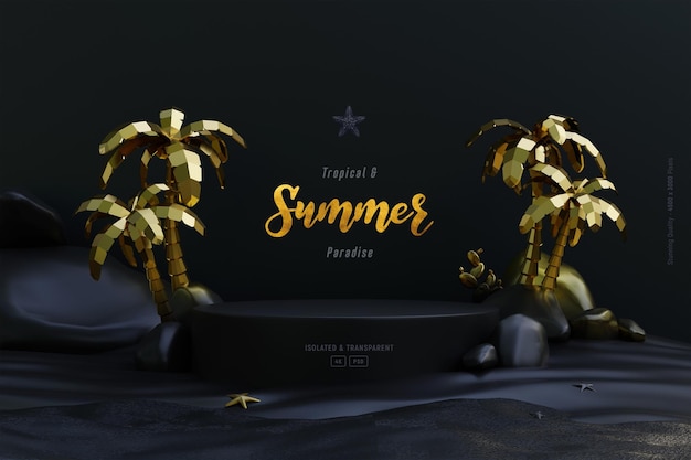 Free PSD summer background template composition with podium stage palm trees and beach objects dark scene