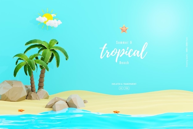 Free PSD summer background template composition with sandstones palm trees and cute beach objects