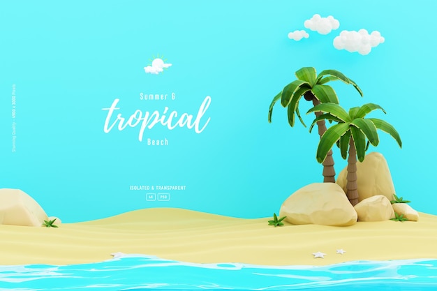 Free PSD summer background template composition with sandstones palm trees and cute beach objects