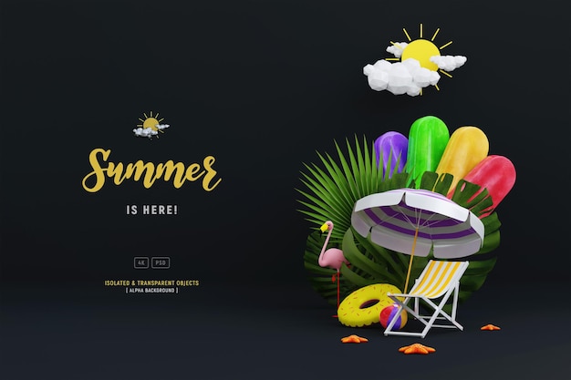 Free PSD summer background template composition with tropical leaves and beach objects 3d illustration