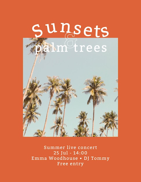 Free PSD summer concert flyer  with tropical background