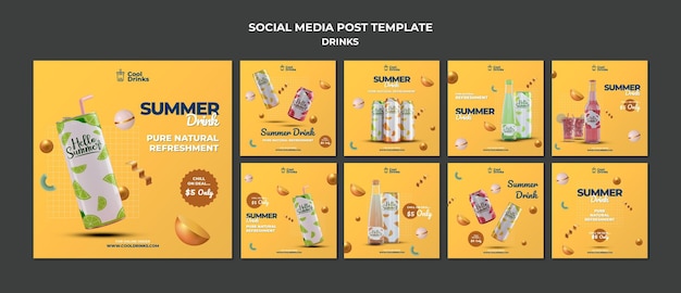 Free PSD summer drinks pure refreshment social media post