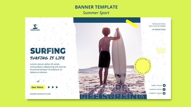 Free PSD summer surfing banner template concept