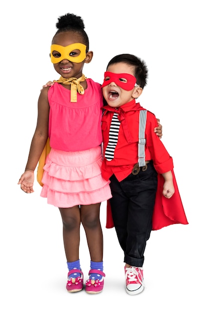 Free PSD superhero boy and girl costume carnival team concept