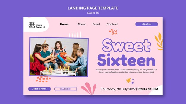 Sweet 16 celebration landing page template with leaves