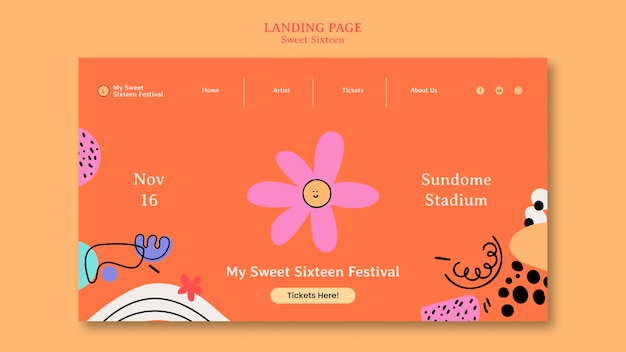 Free PSD sweet 16 celebration landing page template