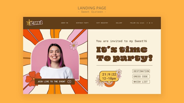 Free PSD sweet 16 celebration landing page template