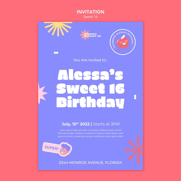 Free PSD sweet 16 invitation template with stars