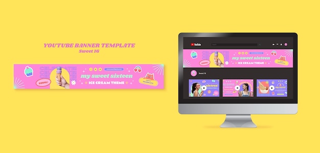 Free PSD sweet 16 youtube banner template with ice cream theme