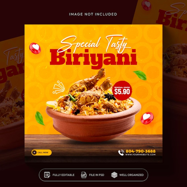 Free PSD tasty biriyani food social media promotion and instagram banner post template design