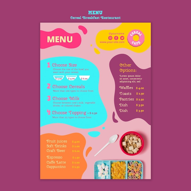 Tasty cereal breakfast restaurant menu