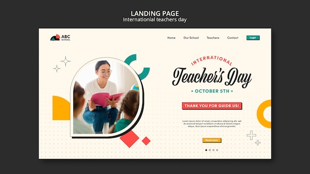 Free PSD teacher's day landing page template with geometric shapes