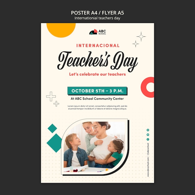 Free PSD teacher's day vertical poster template with geometric shapes