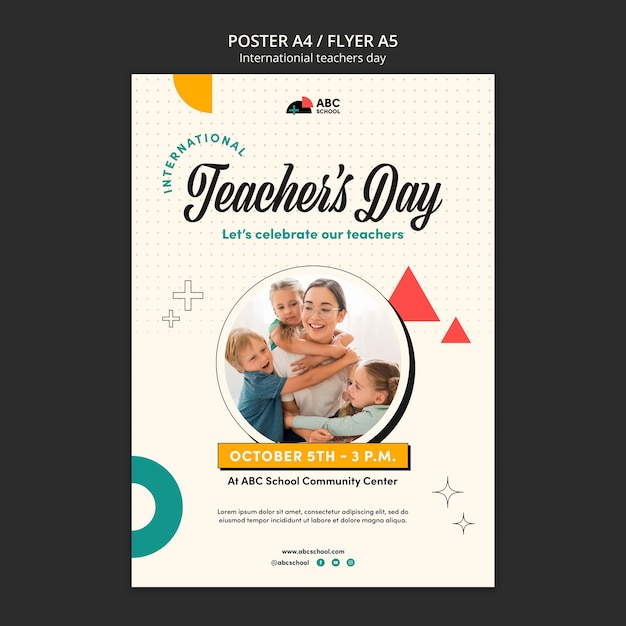 Free PSD teacher's day vertical poster template with geometric shapes