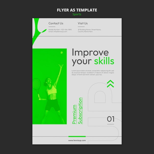 Tennis game vertical flyer template with neon green style