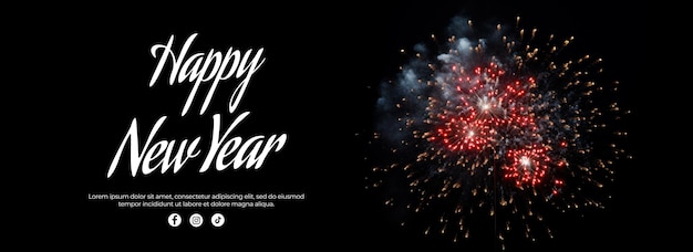 Free PSD text banner with image of red and yellow fireworks on a black background