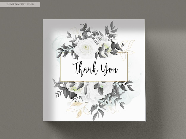 Free PSD a thank you card with a floral border and a white flower.