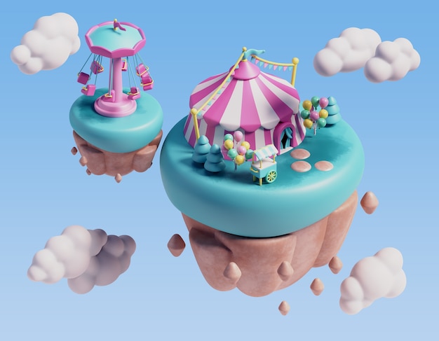 Three dimensional illustration for amusement park scene with floating landscape