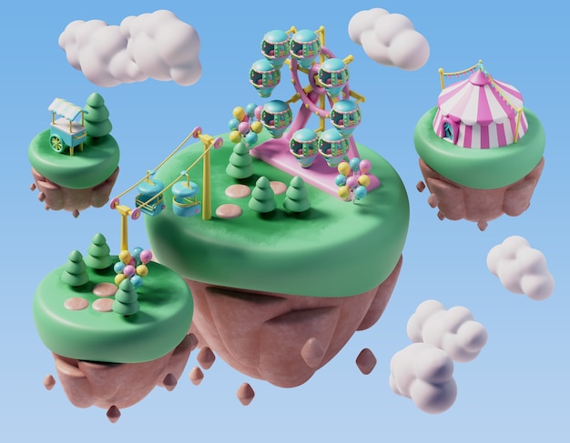 Free PSD three dimensional illustration for amusement park scene with floating landscape