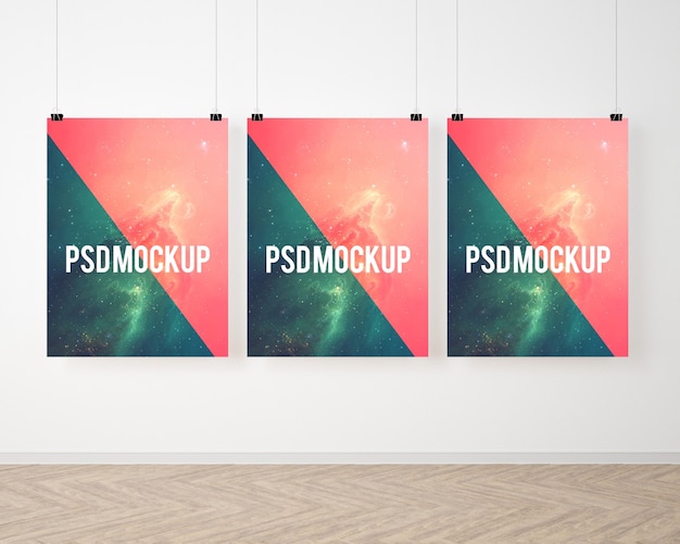 Three posters on white wall mock up