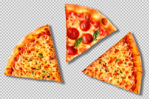 Three slices of delicious pizza isolated on a transparent background