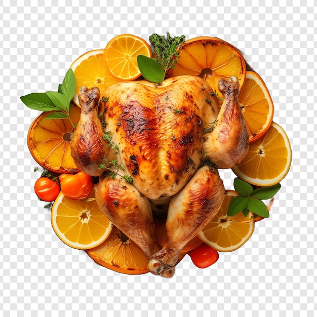 Free PSD top view of roasted chicken oranges and vegetables isolated on transparent background