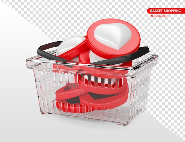 Free PSD transparent supermarket basket with heart in 3d render with transparent background