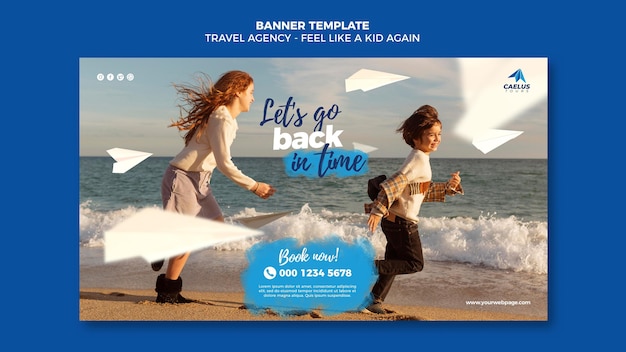 Free PSD travel agency banner template kids at seaside