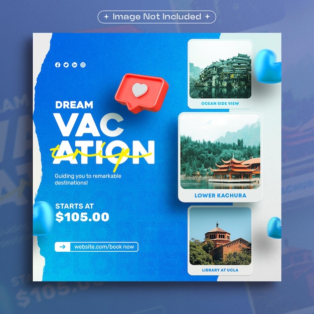 Travel Holiday Vacation Social Media Post Template with Photo Frame