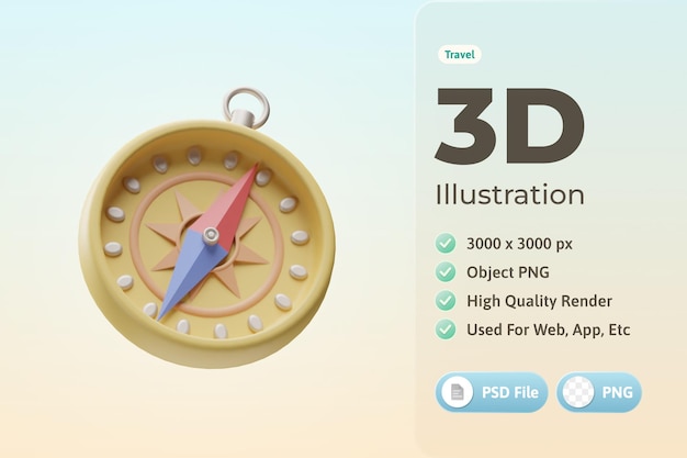 Free PSD travel icon compass 3d illustration