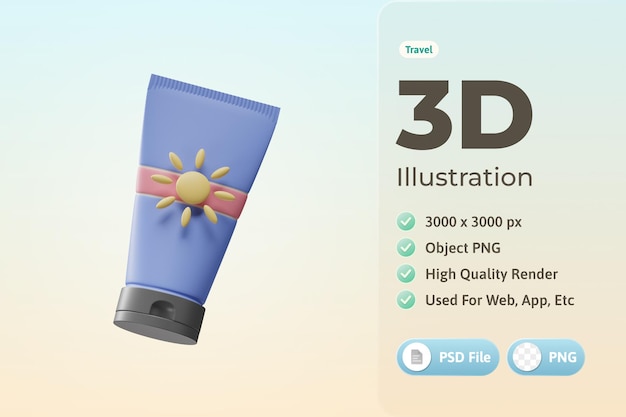 Free PSD travel icon sun cream 3d illustration