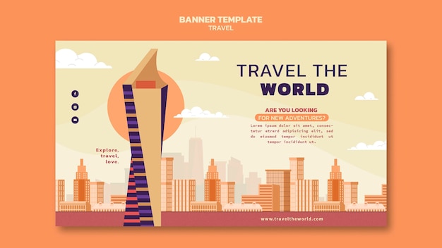 Free PSD travel the world horizontal banner template with landmarks