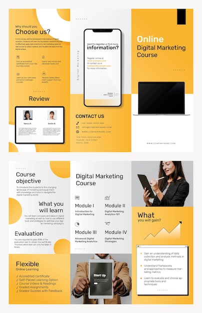 Free PSD tri-fold business course brochure template psd for digital marketing