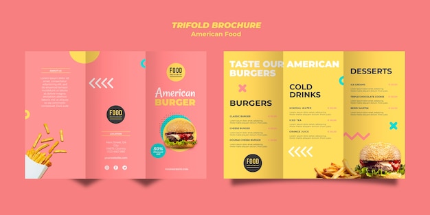 Free PSD trifold brochure template for american food with burger