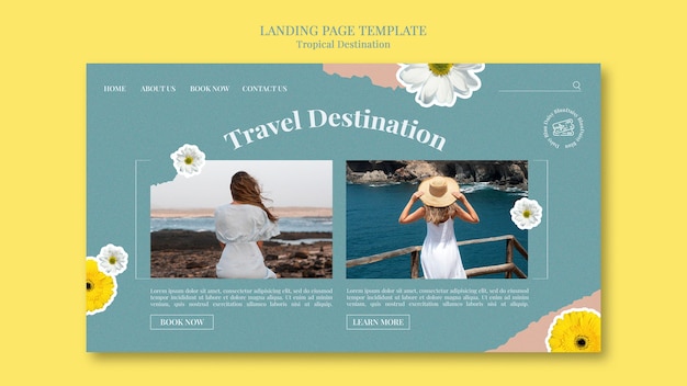 Tropical destination landing page template cut out style with flowers