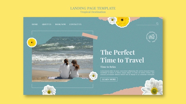 Free PSD tropical destination landing page template cut out style with flowers