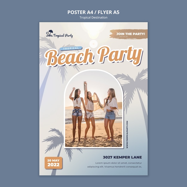 Tropical destination vertical poster template with palm trees