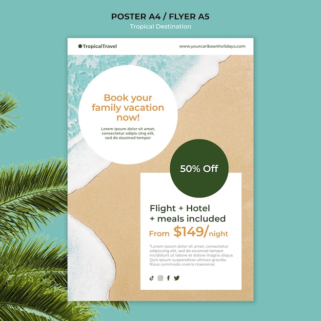 Free PSD tropical travel destination vertical poster template