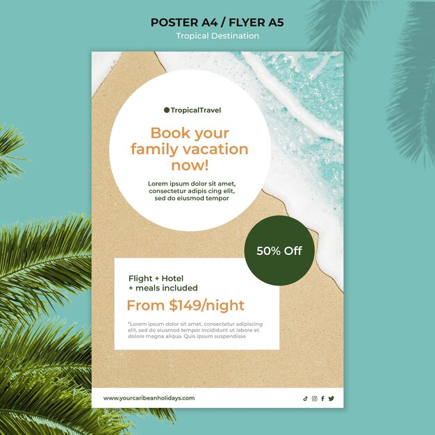 Free PSD tropical travel destination vertical poster template